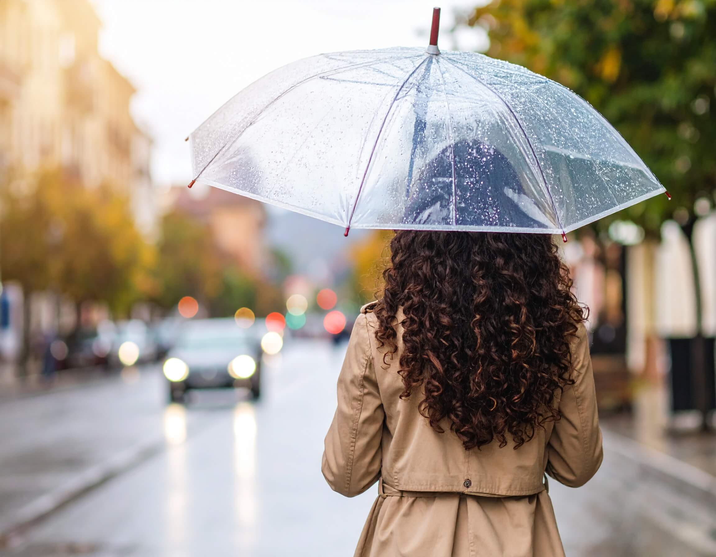 雨の中傘を差した女性の後ろ姿