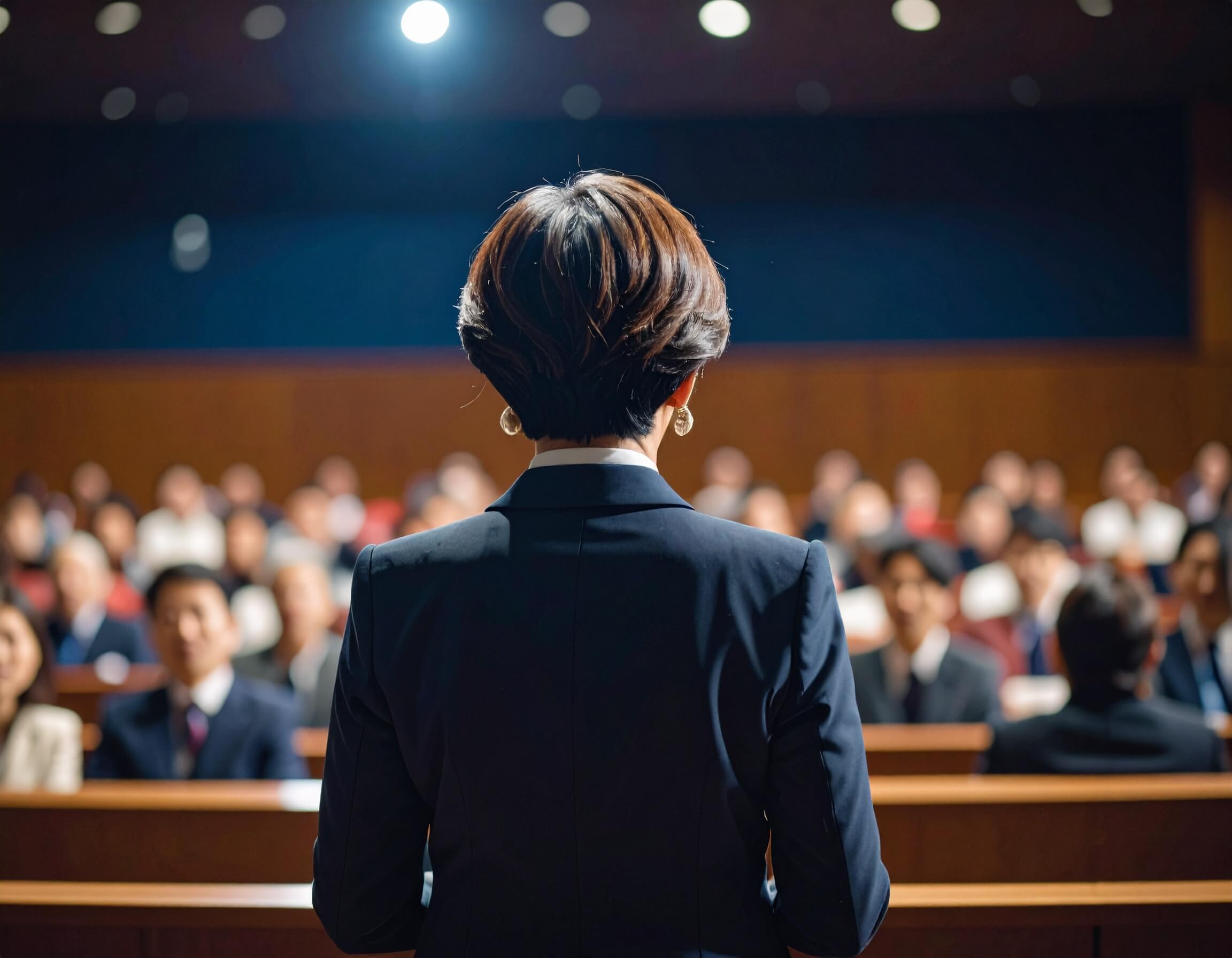 講演会に登壇する女性