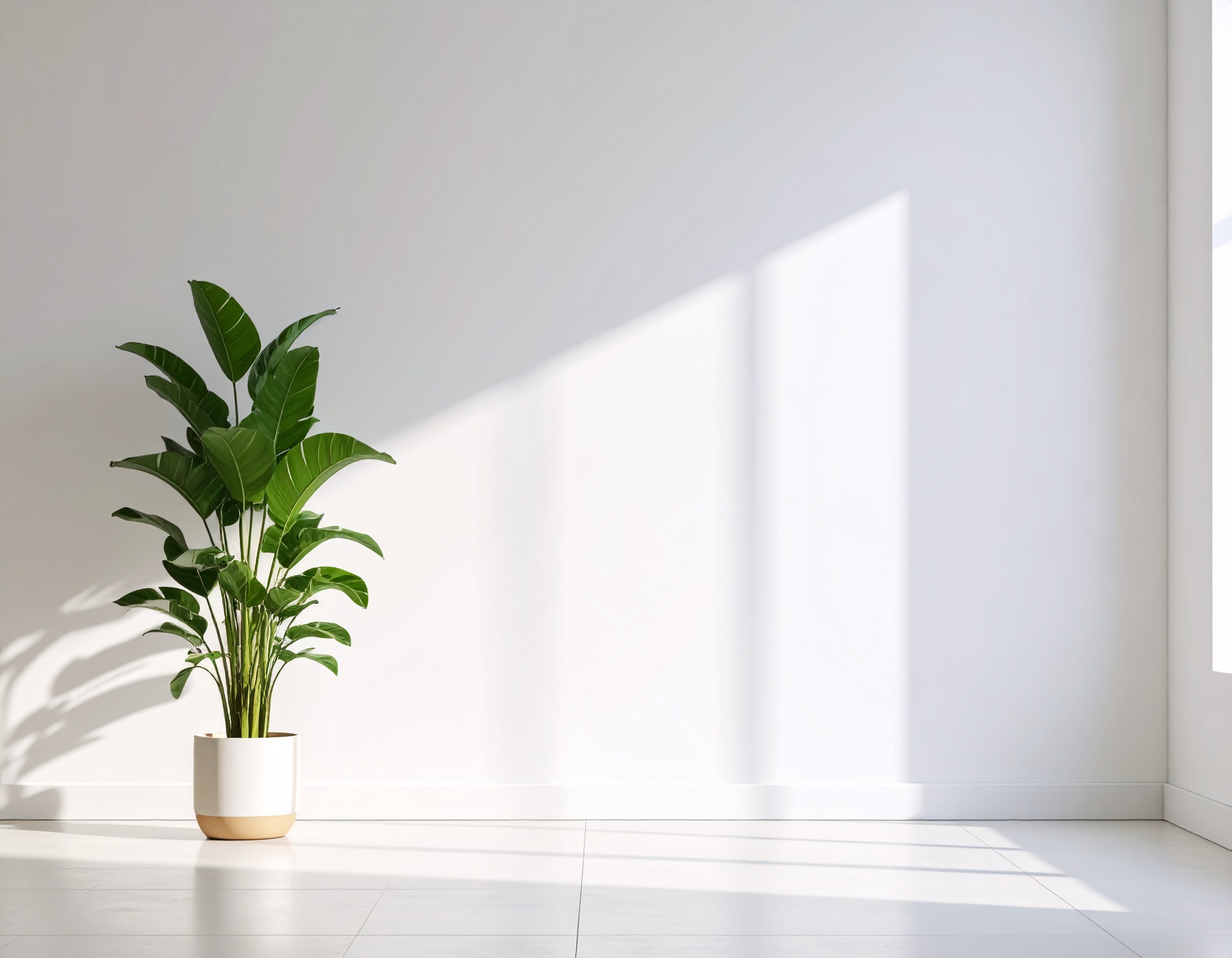 シンプルな空間にある観葉植物が窓からの光を浴びている