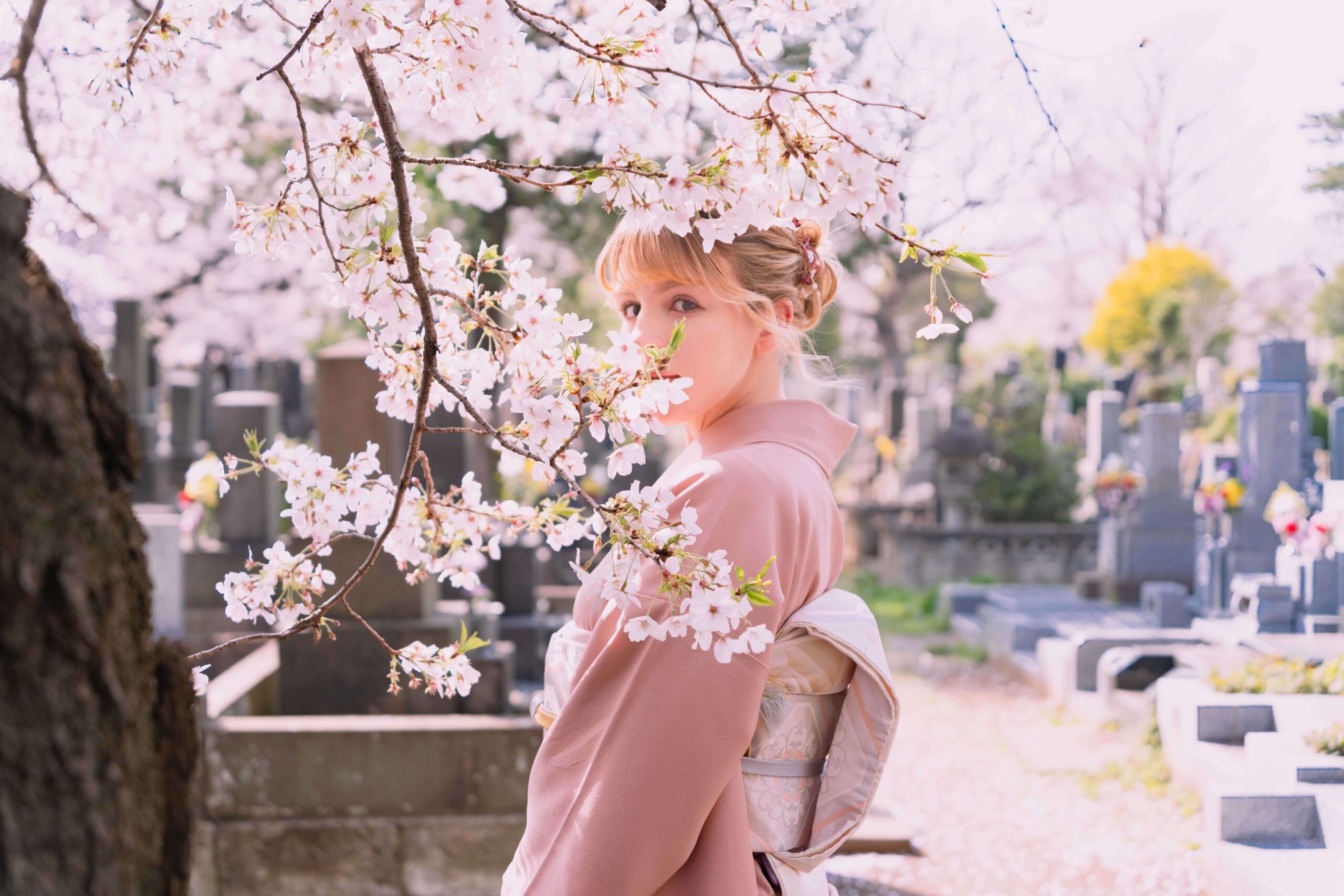 Cherry Blossoms and Kimono in Yanaka Cemetery Tokyo